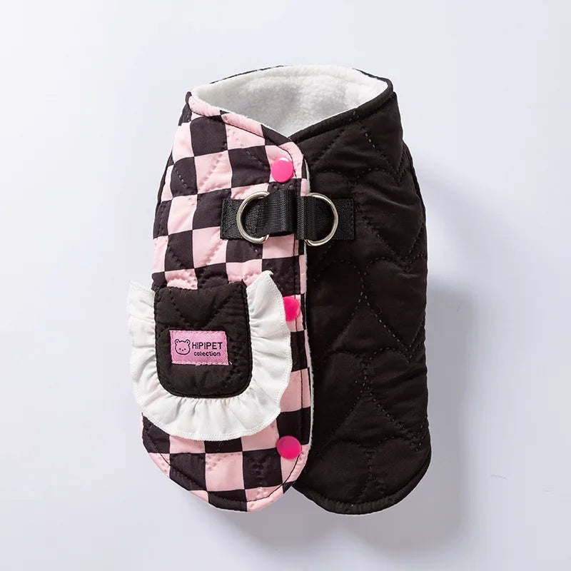 Maltese Patchwork Checkered Pocket Vest Winter Pet Puffer Jacket Teddy Button-Up Warm Down Coat Dog Stuff