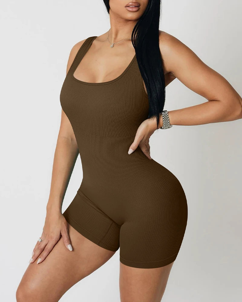 Seamless Square Neck Threaded Shorts Jumpsuit for Fitness Beauty Yoga Quick Drying Breathable Tight Fitting Clothes for Women