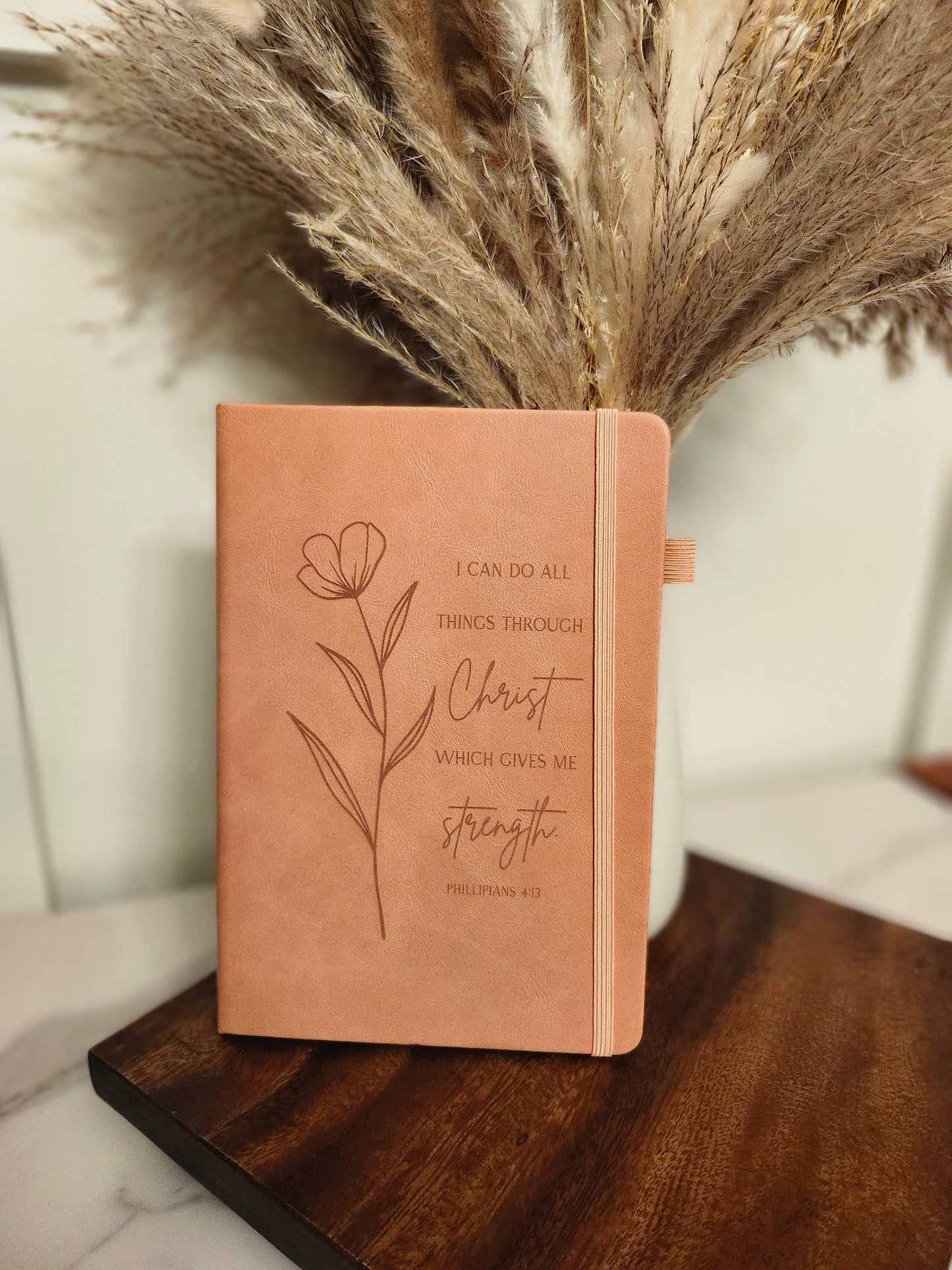 Engraved Leather Christian Journal: Philippians 4:13 (Soft Grey)