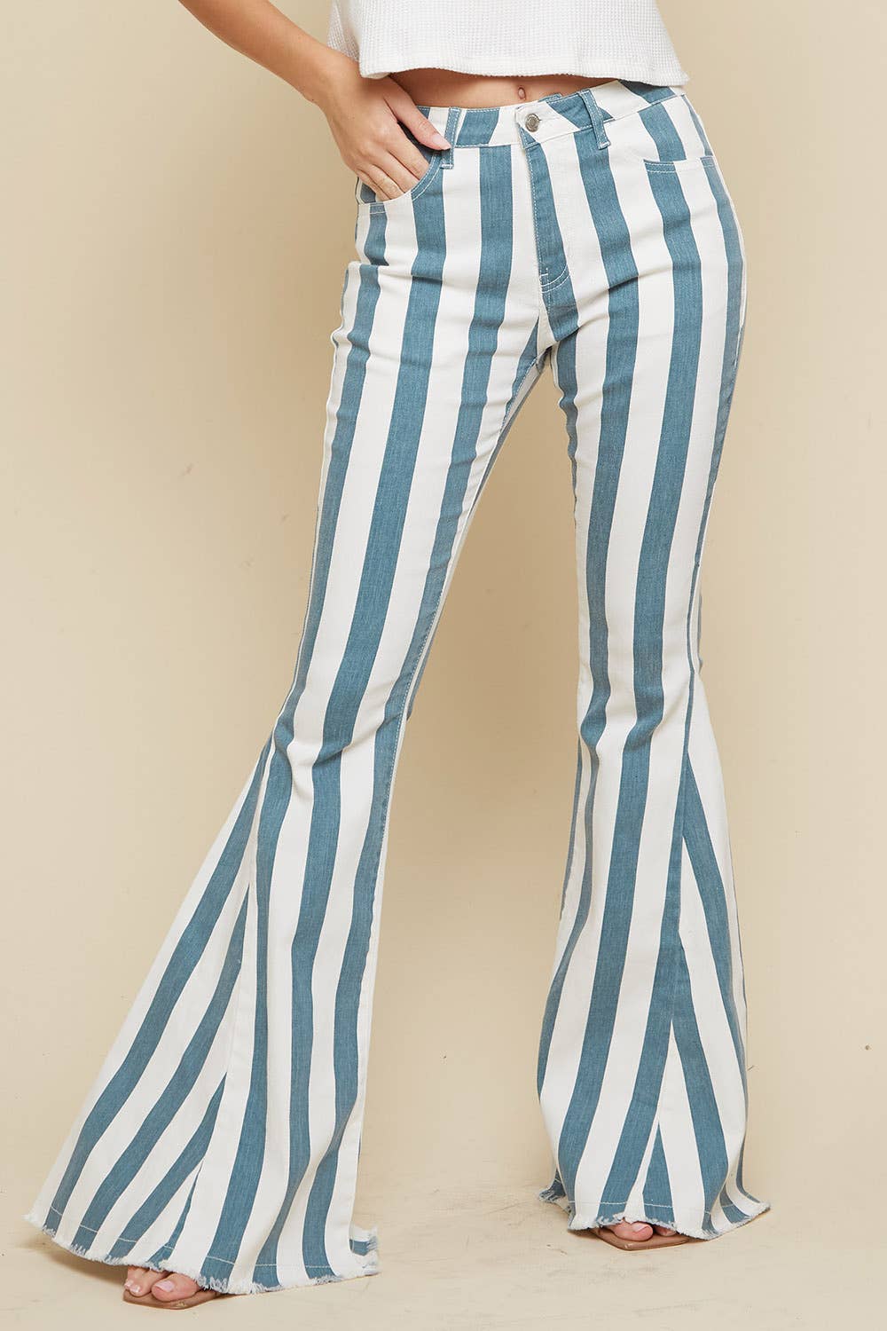 DEEP TEAL STRIPED WASHED DENIM BELL BOTTOMS