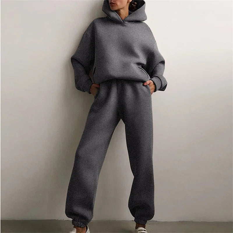 Women's Oversized Tracksuit Set Warm Autumn Fashion Hoodie Sweatshirts & Long Pants Casual Two-Piece Solid Hoody Pullover Outfit
