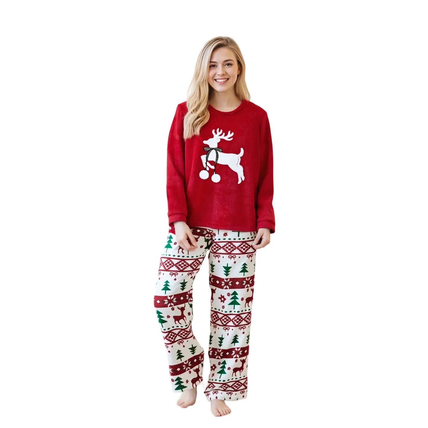 Women's 2 Piece Lounge Set Long Sleeve O Neck Elk Embroidery Tops Plush Pants Winter Warm Feece Christmas Sleepwear